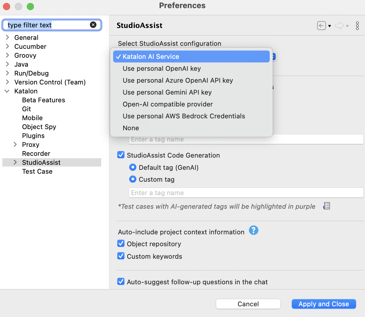 Choose between using Katalon AI Service, using your own OpenAI, Azure OpenAI API key, Gemini API key, OpenAI compatible provider, or AWS Bedrock key.